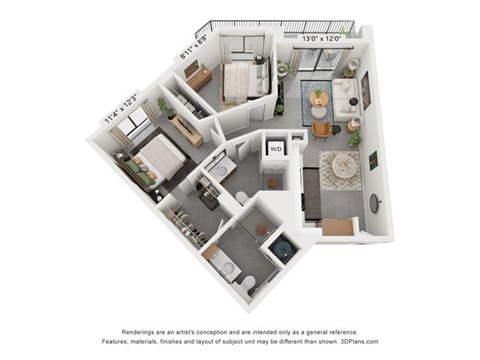 Floor plan for 2 beds, 2 baths, 967 sqft