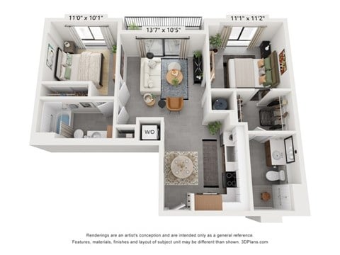 Floor plan for 2 beds, 2 baths, 947 sqft