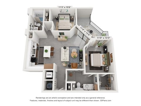 Floor plan for 2 beds, 2 baths, 987 sqft