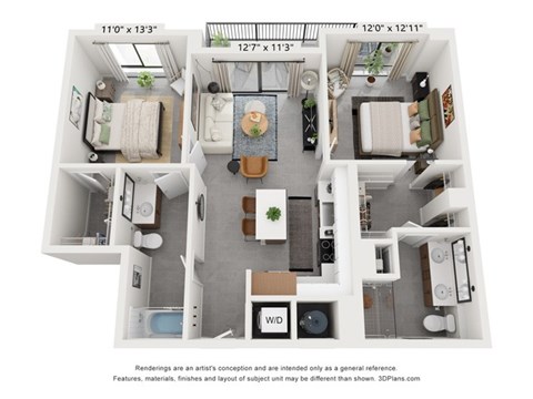 Floor plan for 2 beds, 2 baths, 1033 sqft