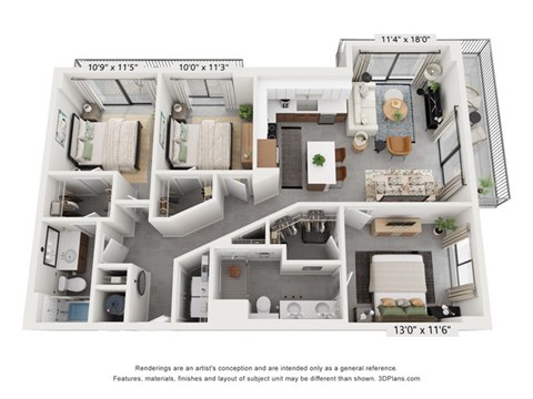 Floor plan for 3 beds, 2 baths, 1277 sqft
