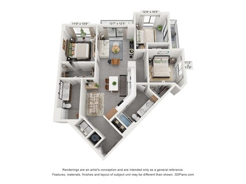 Floor plan for 3 beds, 2 baths, 1367 sqft