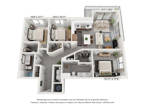 Floor plan for 3 beds, 2 baths, 1334 sqft