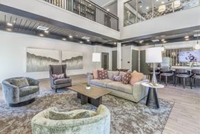 Asheville apartment for rent - A living room with a grey sofa, a green armchair, and a wooden coffee table.