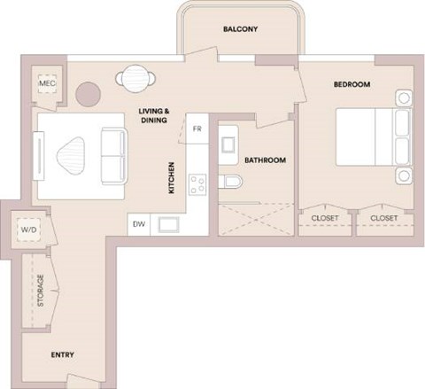 Floor plan for 1 bed, 1 bath, 730 sqft