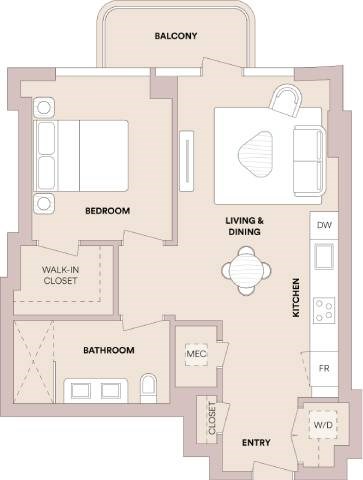 Floor plan for 1 bed, 1 bath, 682 sqft