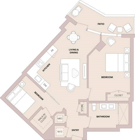 Floor plan for 2 beds, 1 bath, 875 sqft