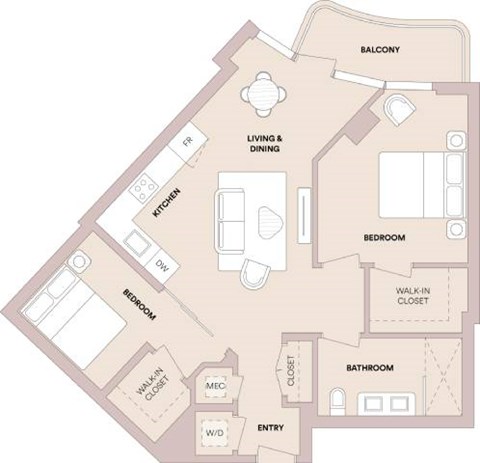 Floor plan for 2 beds, 1 bath, 889 sqft
