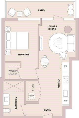 Floor plan for 1 bed, 1 bath, 634 sqft
