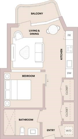 Floor plan for 1 bed, 1 bath, 551 sqft