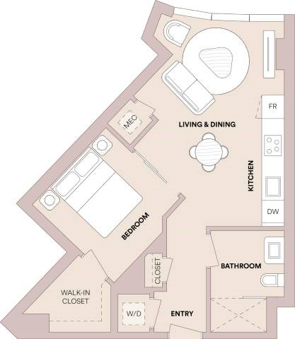Floor plan for 1 bed, 1 bath, 592 sqft