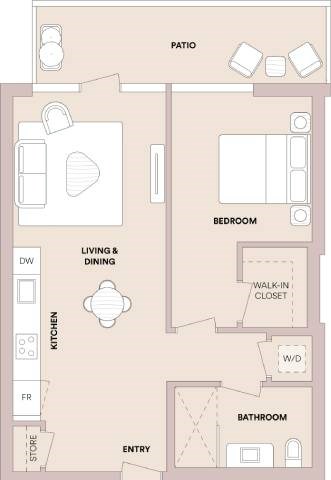 Floor plan for 1 bed, 1 bath, 716 sqft