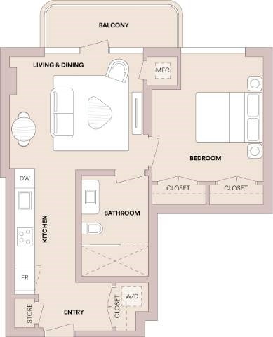 Floor plan for 1 bed, 1 bath, 688 sqft