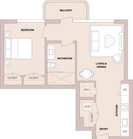 Floor plan for 1 bed, 1 bath, 748 sqft