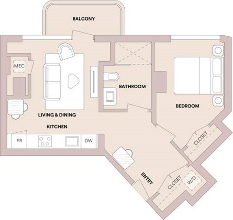 Floor plan for 1 bed, 1 bath, 586 sqft