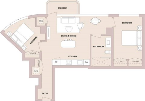 Floor plan for 2 beds, 1 bath, 923 sqft