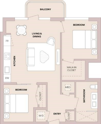 Floor plan for 2 beds, 1 bath, 820 sqft