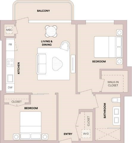 Floor plan for 2 beds, 1 bath, 910 sqft