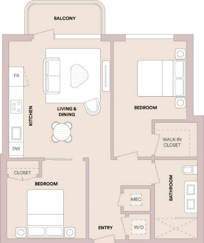 Floor plan for 2 beds, 1 bath, 866 sqft
