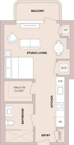 Floor plan for studio, 1 bath, 481 sqft