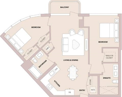Floor plan for 2 beds, 2 baths, 1055 sqft