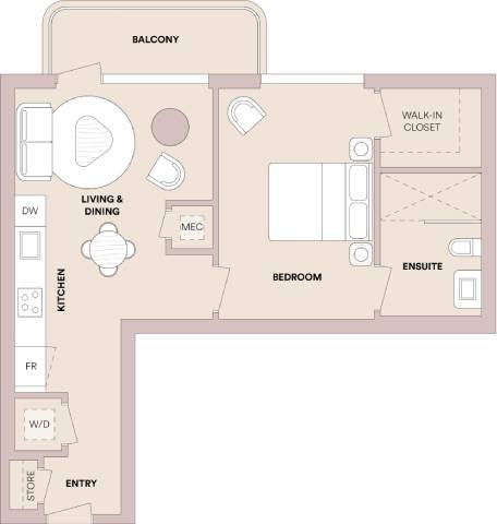 Floor plan for 1 bed, 1 bath, 672 sqft
