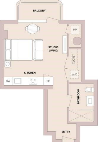Floor plan for studio, 1 bath, 514 sqft