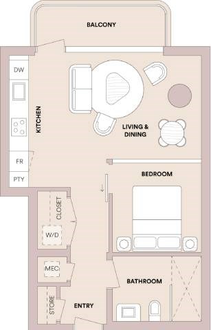 Floor plan for 1 bed, 1 bath, 597 sqft