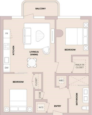 Floor plan for 2 beds, 1 bath, 843 sqft