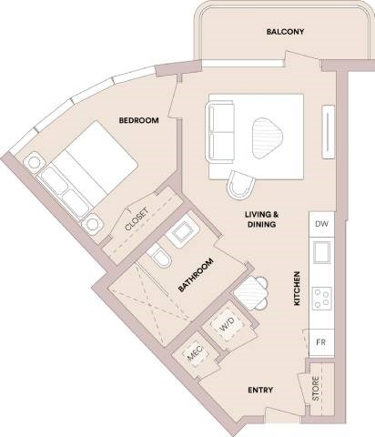 Floor plan for 1 bed, 1 bath, 593 sqft