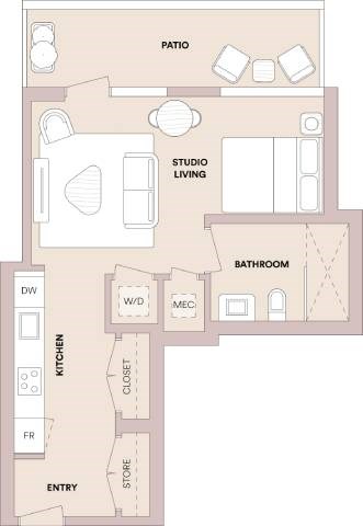 Floor plan for studio, 1 bath, 523 sqft