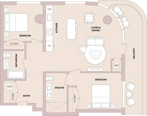 Floor plan for 2 beds, 2 baths, 1109 sqft