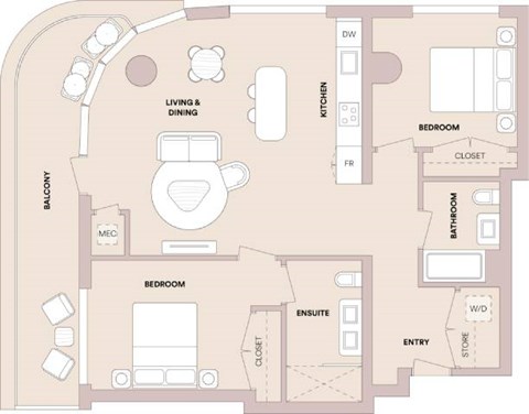 Floor plan for 2 beds, 2 baths, 1093 sqft