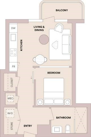 Floor plan for 1 bed, 1 bath, 564 sqft