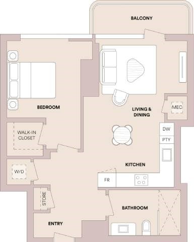 Floor plan for 1 bed, 1 bath, 756 sqft