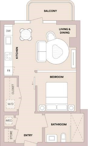 Floor plan for 1 bed, 1 bath, 564 sqft