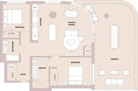 Floor plan for 2 beds, 2 baths, 1045 sqft
