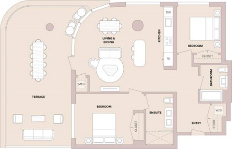 Floor plan for 2 beds, 2 baths, 1088 sqft