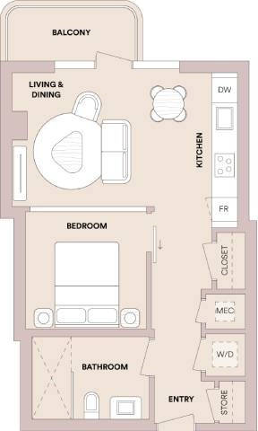 Floor plan for 1 bed, 1 bath, 573 sqft