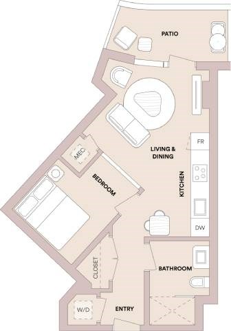 Floor plan for 1 bed, 1 bath, 528 sqft
