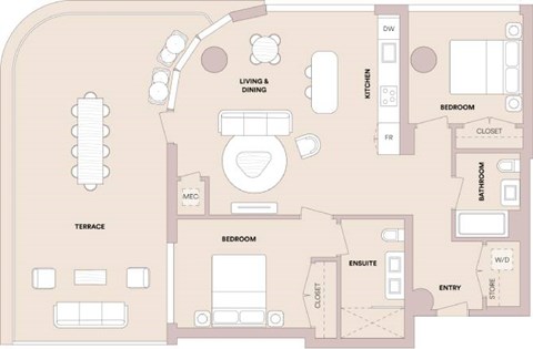 Floor plan for 2 beds, 2 baths, 1096 sqft