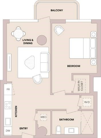 Floor plan for 1 bed, 1 bath, 707 sqft