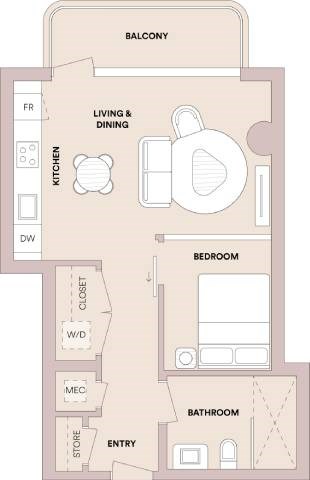 Floor plan for 1 bed, 1 bath, 558 sqft