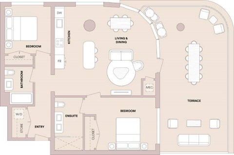 Floor plan for 2 beds, 2 baths, 1045 sqft
