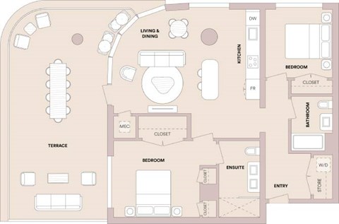 Floor plan for 2 beds, 2 baths, 1061 sqft