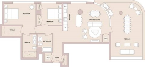 Floor plan for 2 beds, 2 baths, 1250 sqft