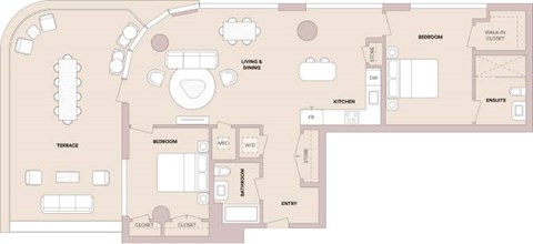 Floor plan for 2 beds, 2 baths, 1293 sqft
