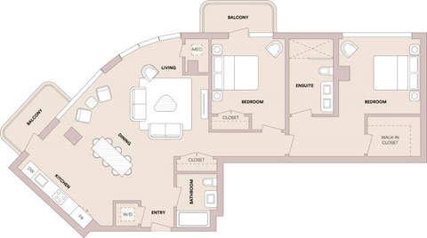 Floor plan for 2 beds, 2 baths, 1264 sqft