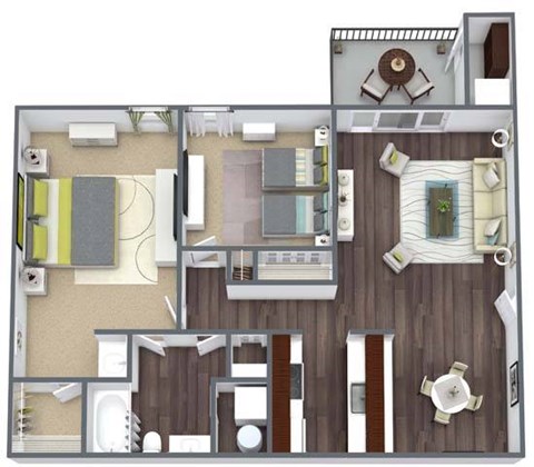 Floor plan for 2 beds, 1 bath, 910 sqft