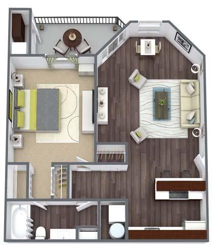 Floor plan for 1 bed, 1 bath, 730 sqft